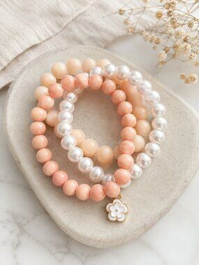 Handmade Pink Pearl Beaded Bracelet Set with Flower Charm | Gentle Strength